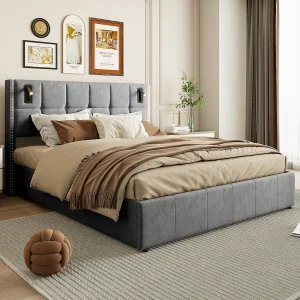 160×200 opbergbed, LED gestoffeerd bed met USB en Type-C bed, tweepersoonsbed, grijs 160×200 opbergbed, LED gestoffeerd bed met USB en Type-C bed, tweepersoonsbed, grijs