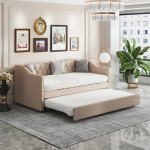 90x200cm uitschuifbed, slaapbank, 2-zits slaapbank, lattenbodem, Beige