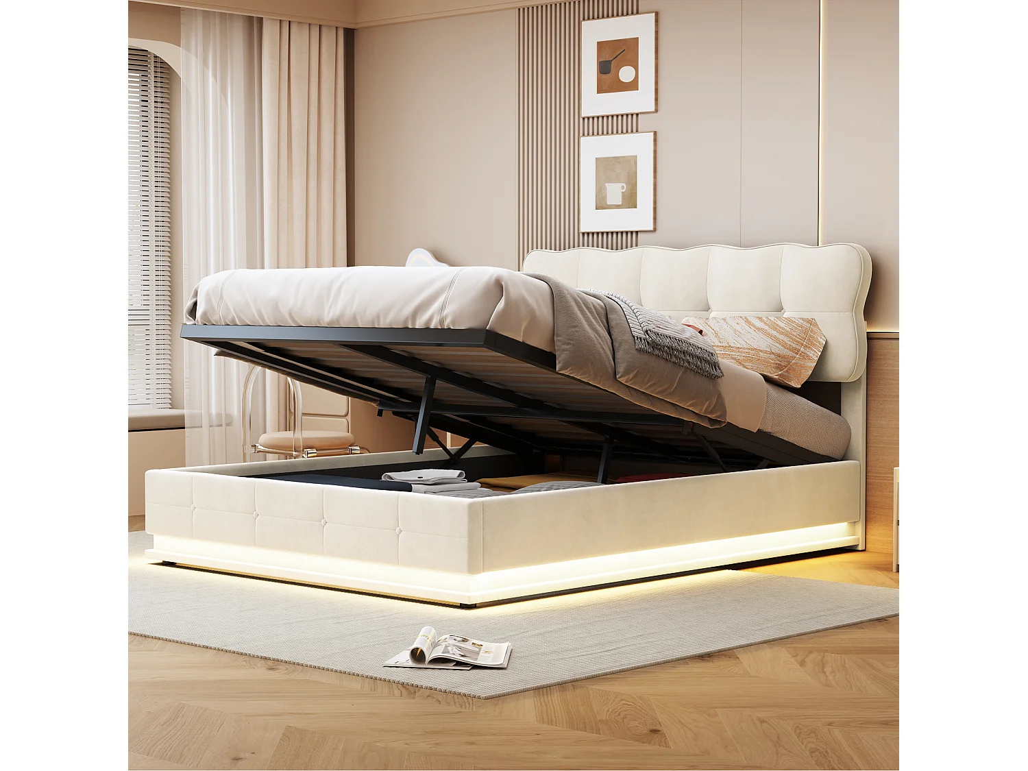 140x200 Opbergbed met LED-verlichting, gestoffeerd bed met lattenbodem, fluweel, beige