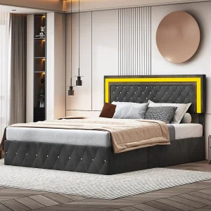 160×200 cm fluwelen opbergbed – met LED en lattenbodem – Tweepersoonsbed met opbergruimte – Zwart