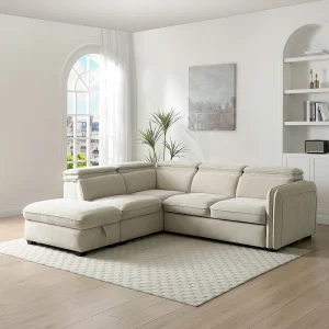 Linker hoekslaapbank en poef in beige stof BALOTIA Linker hoekslaapbank en poef in beige stof BALOTIA