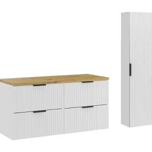 Badkamerset NOXERA 120 cm – Zwevende onderkasten in alpenwit met eiken plan voor wastafel en wandkolom