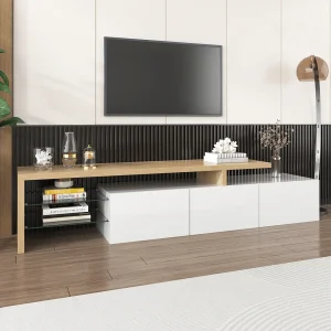 197 cm tv-meubel met ledverlichting, 3 deuren en glazen planken, tv-meubellengte voor de woonkamer, wit 197 cm tv-meubel met ledverlichting, 3 deuren en glazen planken, tv-meubellengte voor de woonkamer, wit