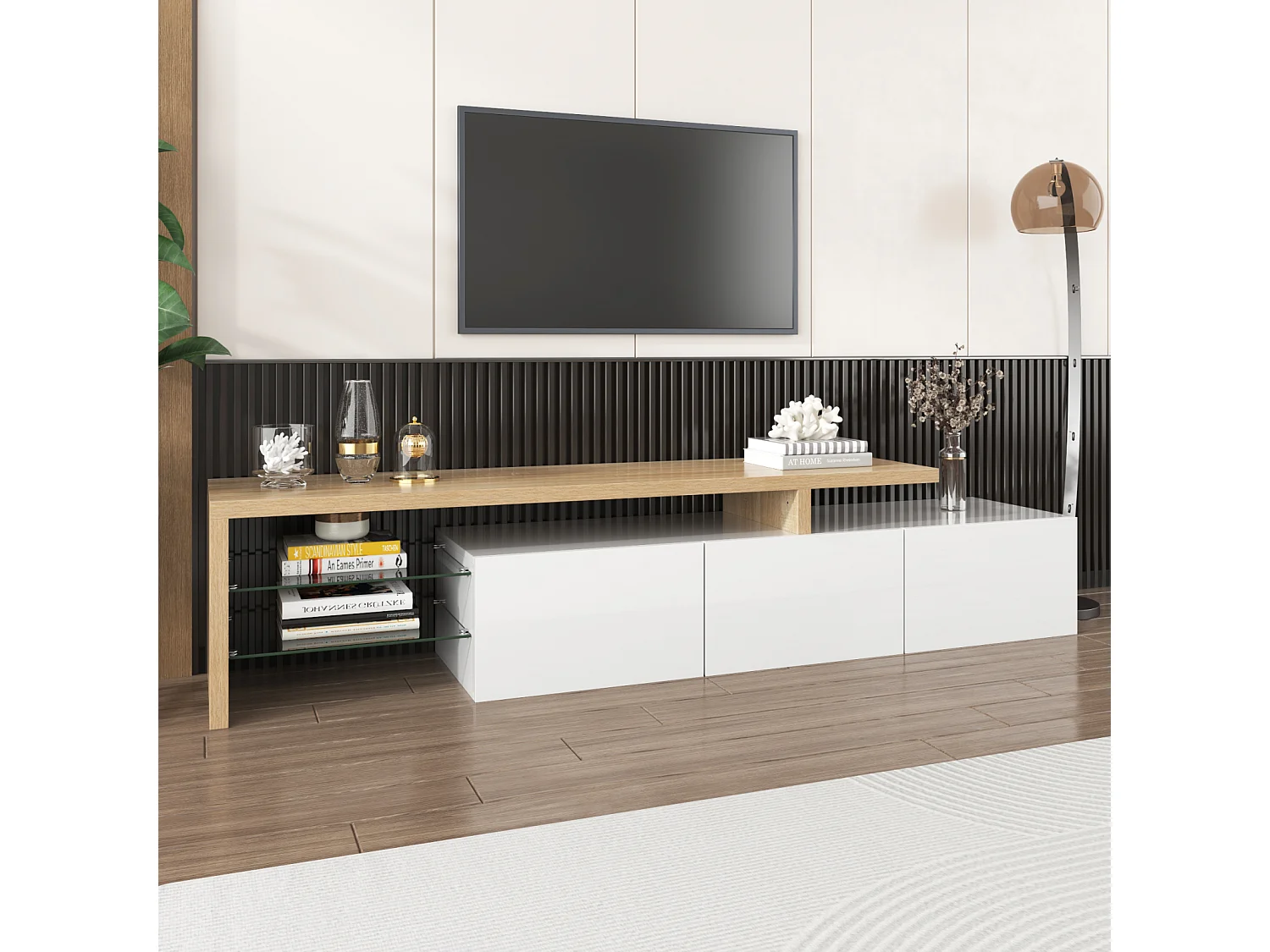 197 cm tv-meubel met ledverlichting, 3 deuren en glazen planken, tv-meubellengte voor de woonkamer, wit