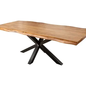ARKAYA tafel 220 cm – Blad van gelakt massief acaciahout en structuur van zwart metaal – Industrieel en elegant design ARKAYA tafel 220 cm – Blad van gelakt massief acaciahout en structuur van zwart metaal – Industrieel en elegant design