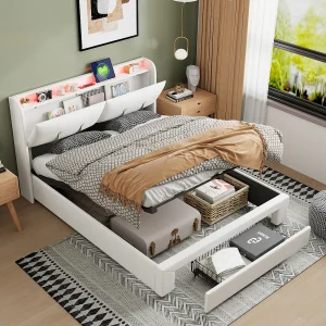 140×200 opbergbed, gestoffeerd tweepersoonsbed, hoofdeinde met verborgen opbergruimte, fluweel, wit