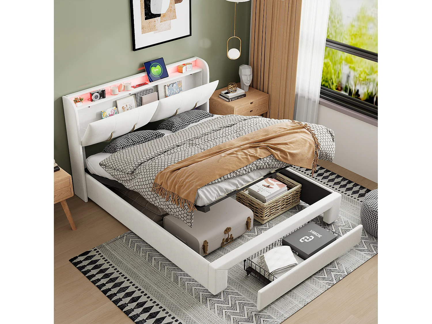 140x200 opbergbed, gestoffeerd tweepersoonsbed, hoofdeinde met verborgen opbergruimte, fluweel, wit