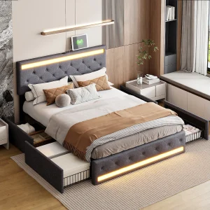 160x200cm Tweepersoonsbed met 4 lades, LED-verlichting en USB, grijs 160x200cm Tweepersoonsbed met 4 lades, LED-verlichting en USB, grijs