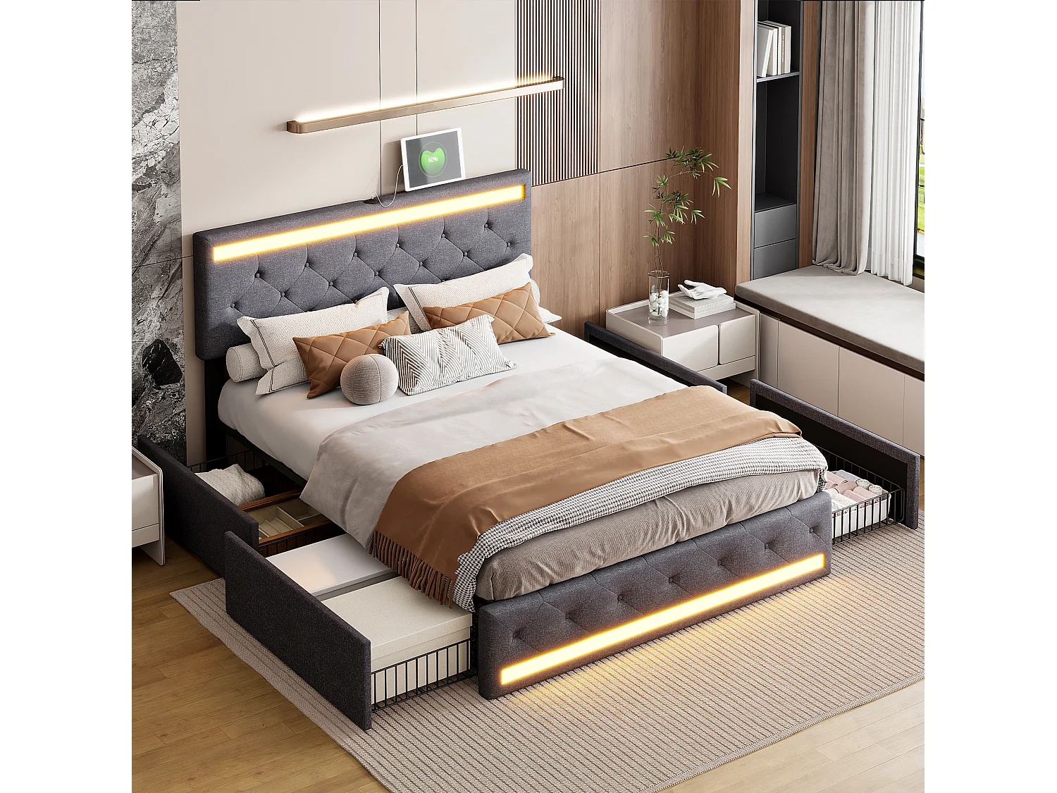 160x200cm Tweepersoonsbed met 4 lades, LED-verlichting en USB, grijs