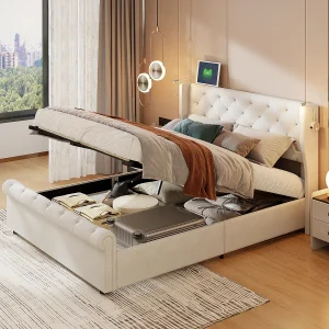 140x190cm opbergbed met hoofdeinde, leeslamp met USB-oplader, lattenbodem, bedframe, modern tweepersoonsbed, beige 140x190cm opbergbed met hoofdeinde, leeslamp met USB-oplader, lattenbodem, bedframe, modern tweepersoonsbed, beige