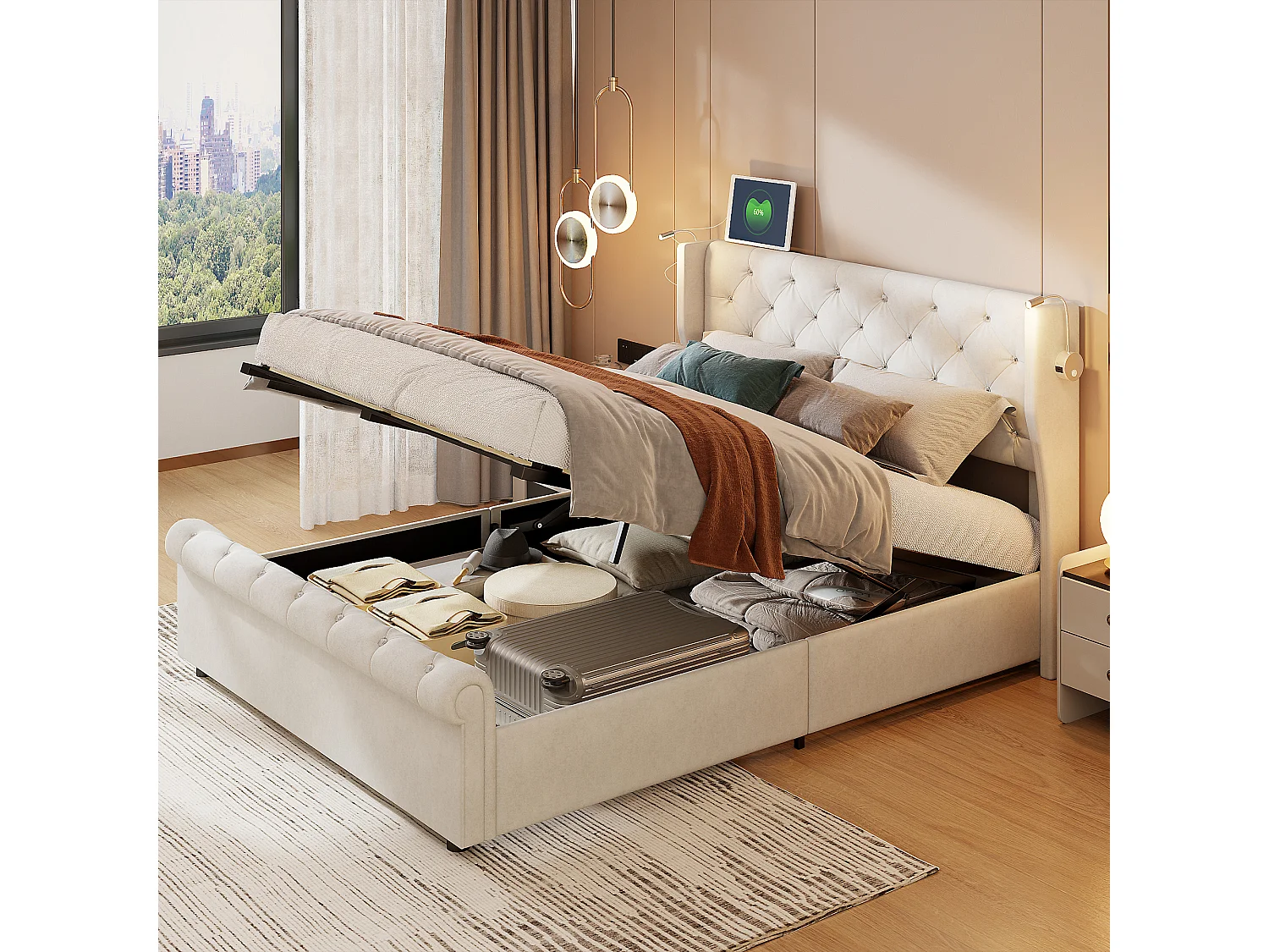 140x190cm opbergbed met hoofdeinde, leeslamp met USB-oplader, lattenbodem, bedframe, modern tweepersoonsbed, beige