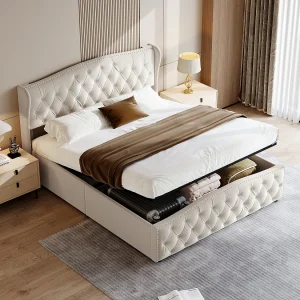 140×200 opbergbed, gestoffeerd bed met lattenbodem, fluweel, beige