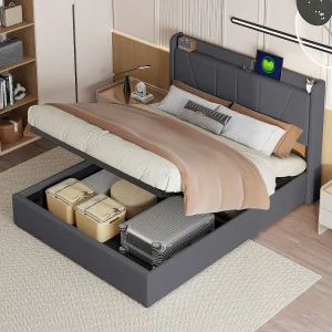 160x200cm linnen stoffen opbergbed met USB-aansluiting – hoofdbord en lattenbodem – Grijs 160x200cm linnen stoffen opbergbed met USB-aansluiting – hoofdbord en lattenbodem – Grijs