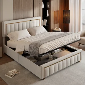 160x200cm fluwelen opbergbed – functioneel opbergbed – tweepersoonsbed – lattenbodem en hydraulische opbergbox – beige 160x200cm fluwelen opbergbed – functioneel opbergbed – tweepersoonsbed – lattenbodem en hydraulische opbergbox – beige