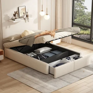 160x200cm linnen stoffen opbergbed met 2 lades – lattenbodem – zonder hoofdbord – Beige 160x200cm linnen stoffen opbergbed met 2 lades – lattenbodem – zonder hoofdbord – Beige