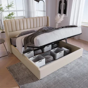 160x200cm linnen opbergbed – met hoofdbord en lattenbodem – Beige 160x200cm linnen opbergbed – met hoofdbord en lattenbodem – Beige