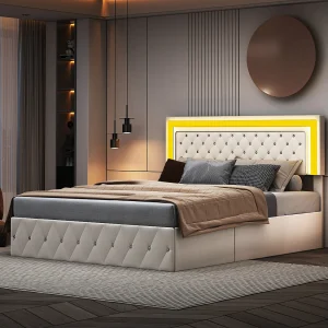 160×200 cm fluwelen opbergbed – met LED en lattenbodem – Tweepersoonsbed met opbergruimte – met in hoogte verstelbaar hoofdeinde – Beige