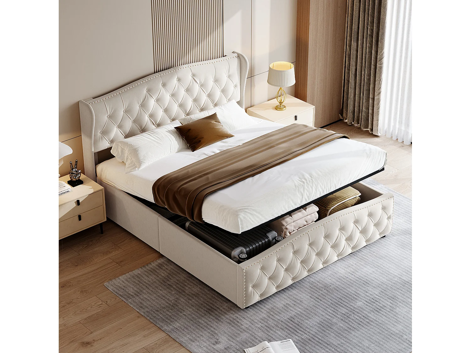 160x200 opbergbed, gestoffeerd bed met lattenbodem, fluweel, beige