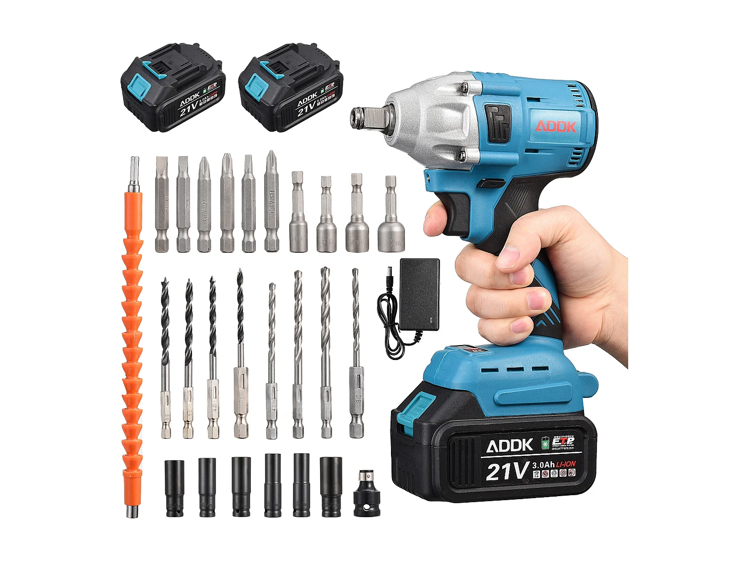 21V 3.0Ah snoerloze slagmoersleutel - borstelloze motor - doos met 25 accessoires - blauw