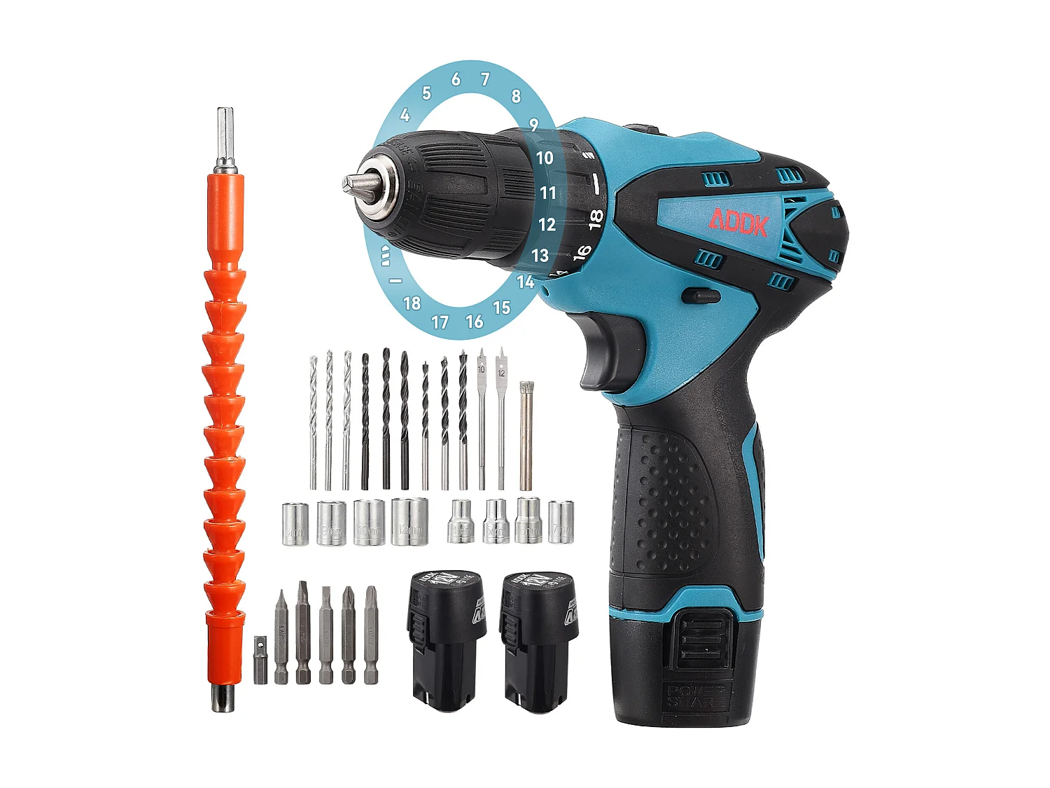 12V accuboormachine met ledlamp – 2 x 1,5Ah accu's – 30 accessoires – borstelmotor – blauw