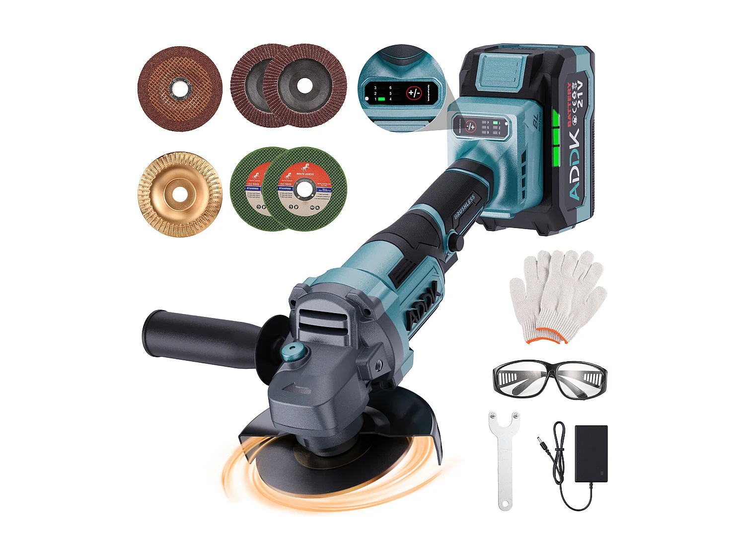 125mm snoerloze haakse slijper – 1 x 21V 4.0Ah accu – 9000 tpm borstelloze motor – 6 instelbare niveaus + 9 accessoires