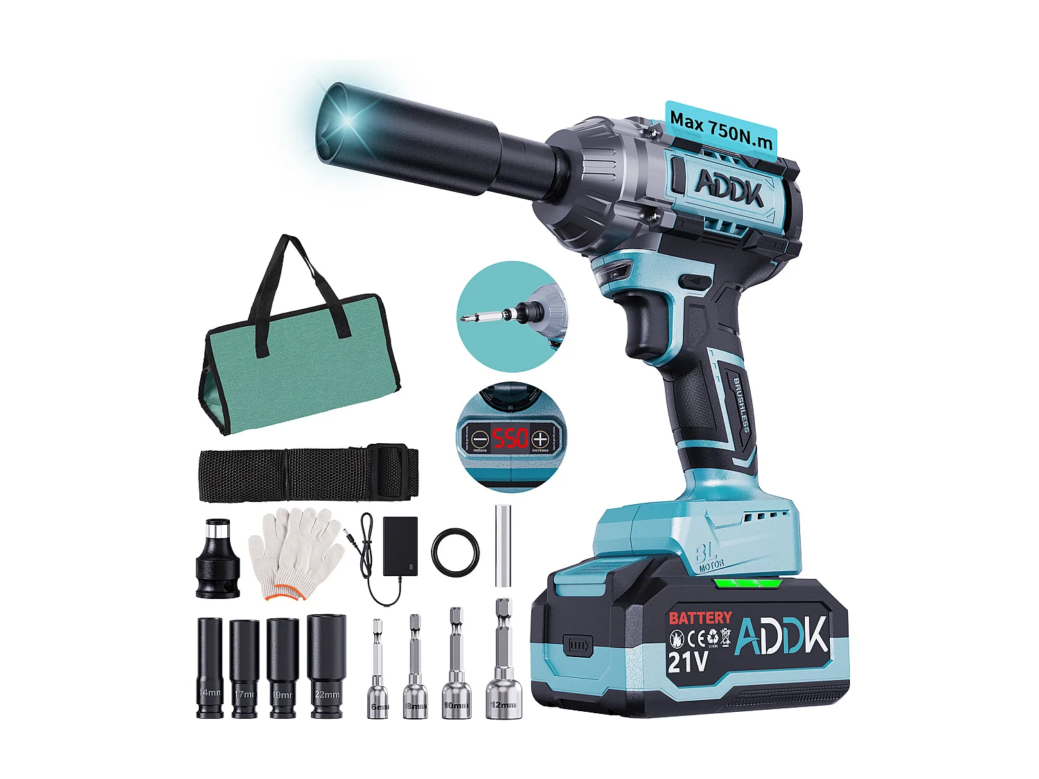 21V borstelloze snoerloze slagmoersleutel – 750 Nm – 4,0 Ah accu – 6 snelheden – 3300 tpm