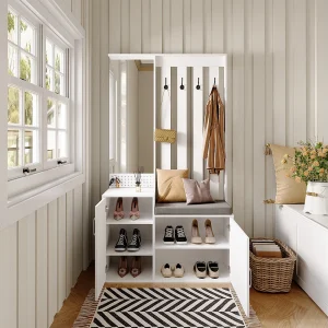 6-in-1 kapstok – spiegel, gestoffeerde bank, schoenenrek, haken, modern design wit 6-in-1 kapstok – spiegel, gestoffeerde bank, schoenenrek, haken, modern design wit