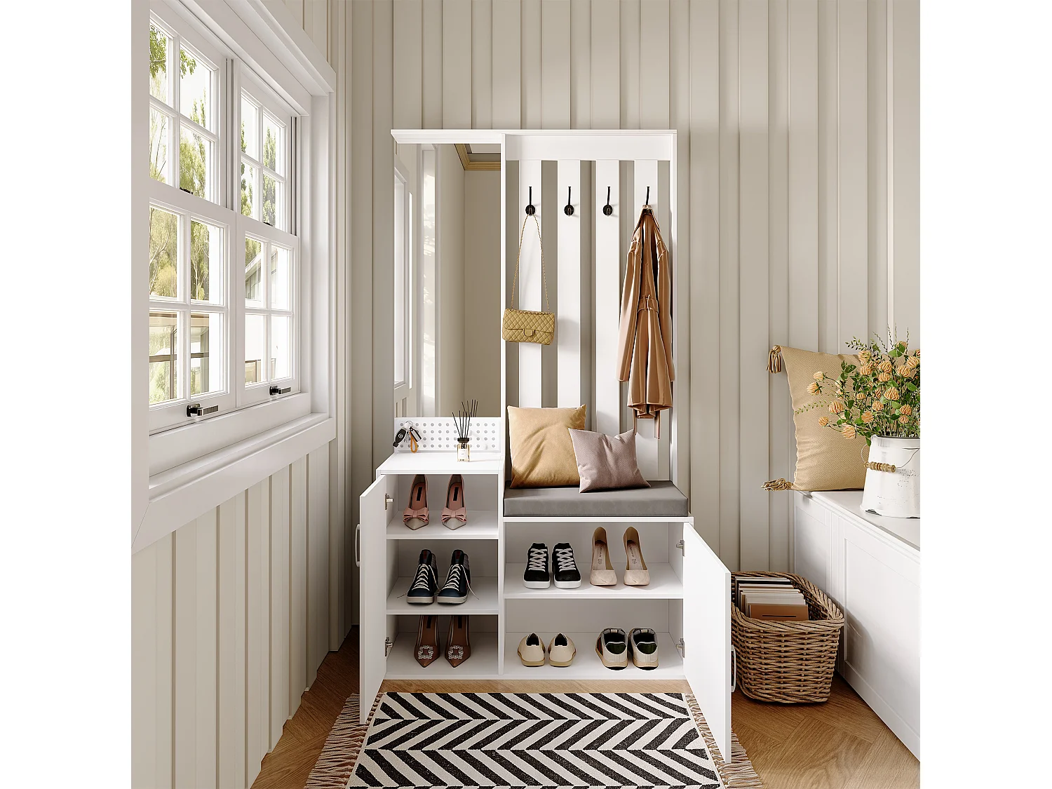 6-in-1 kapstok - spiegel, gestoffeerde bank, schoenenrek, haken, modern design wit