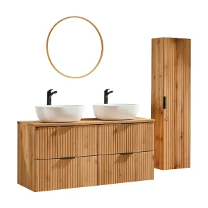 Badkamerset NOXERA 120 cm – Wotan Eik – 2 opzetwastafels, kolomkast en LED spiegel