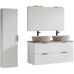 Badkamerset NOXERA 120 cm – Alpenwit en Wotan eik – Dubbele wastafel met marmer effect, kolom en spiegel met lamp Badkamerset NOXERA 120 cm – Alpenwit en Wotan eik – Dubbele wastafel met marmer effect, kolom en spiegel met lamp