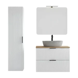 Badkamerset NOXERA – Onderkast met marmerlook wastafel, hangende kolomkast, spiegel en LED-lamp Badkamerset NOXERA – Onderkast met marmerlook wastafel, hangende kolomkast, spiegel en LED-lamp