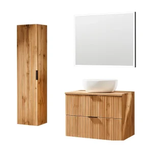Badkamerset NOXERA 80 cm – Wotan Eiken – Onderkast met wastafel, LED spiegel en hangende kolom Badkamerset NOXERA 80 cm – Wotan Eiken – Onderkast met wastafel, LED spiegel en hangende kolom