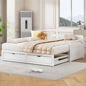 2-in-1 daybed 90×190 cm naar 180×190 cm, massief hout wit met lades en uitschuifbed