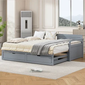 2-in-1 uitschuifbed 90×190/180×190 cm van massief grenenhout, grijs, met lades 2-in-1 uitschuifbed 90×190/180×190 cm van massief grenenhout, grijs, met lades
