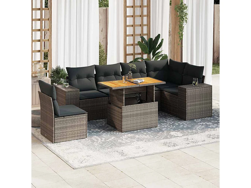 7-delige Loungeset met kussens poly rattan grijs
