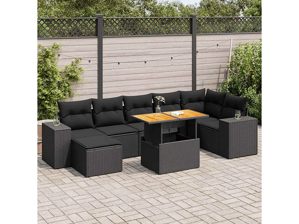 8-delige Loungeset met kussens poly rattan zwart
