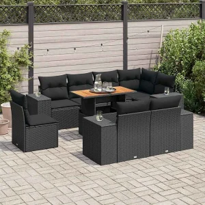 9-delige Loungeset met kussens poly rattan zwart 9-delige Loungeset met kussens poly rattan zwart