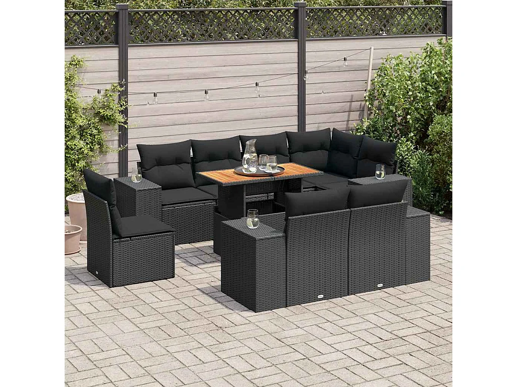 9-delige Loungeset met kussens poly rattan zwart