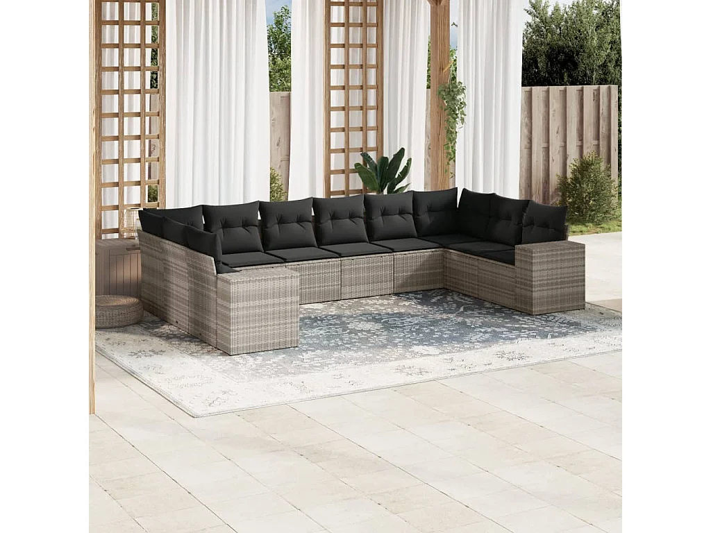 10-delige Loungeset met kussens poly rattan lichtgrijs
