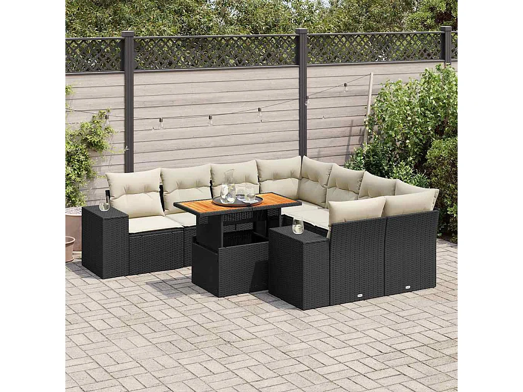 9-delige Loungeset met kussens poly rattan zwart