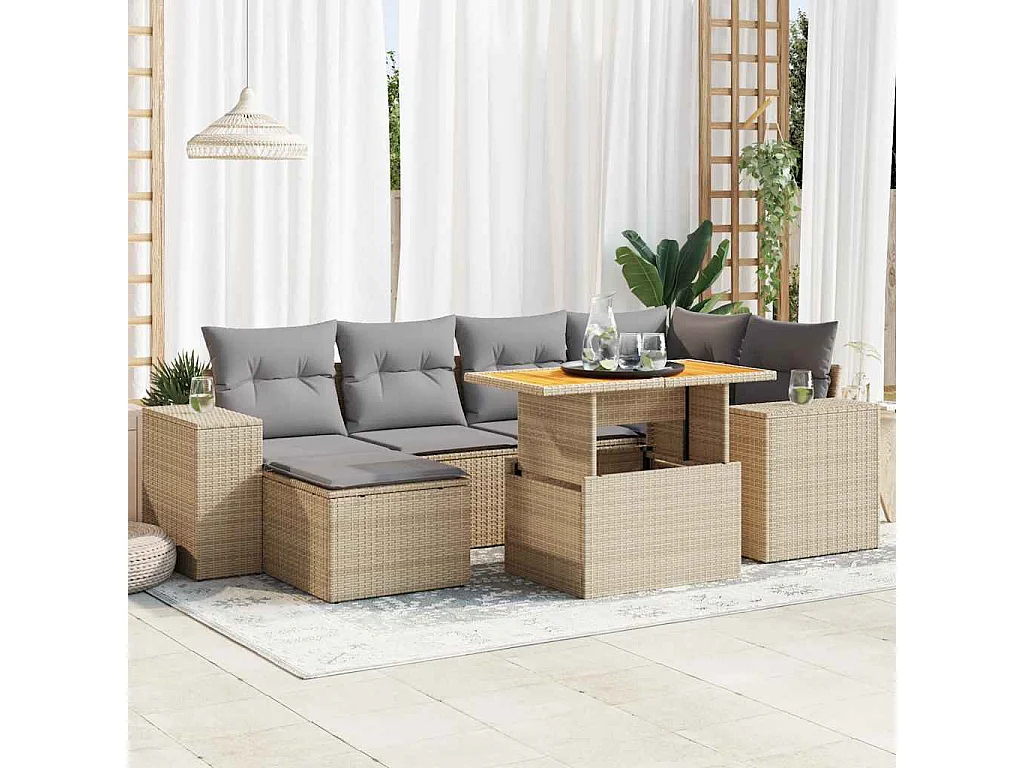 7-delige Loungeset met kussens poly rattan beige