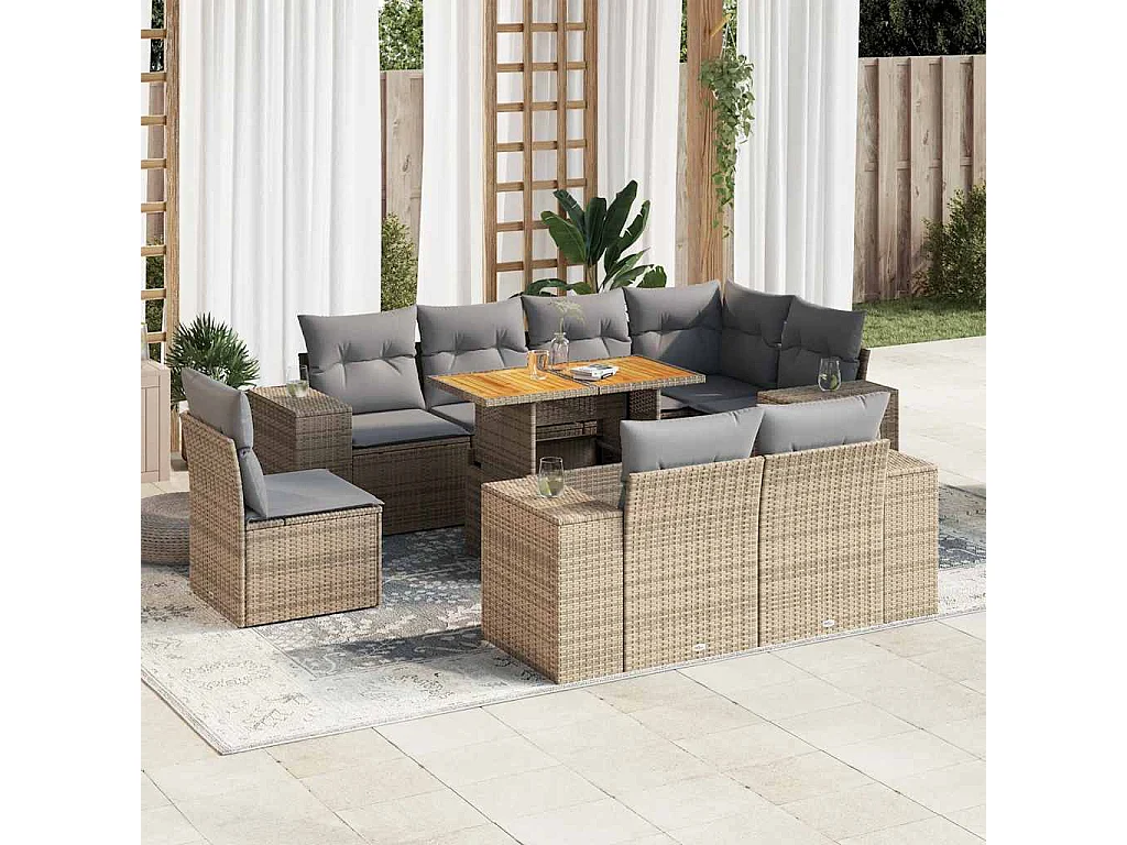 9-delige Loungeset met kussens poly rattan beige