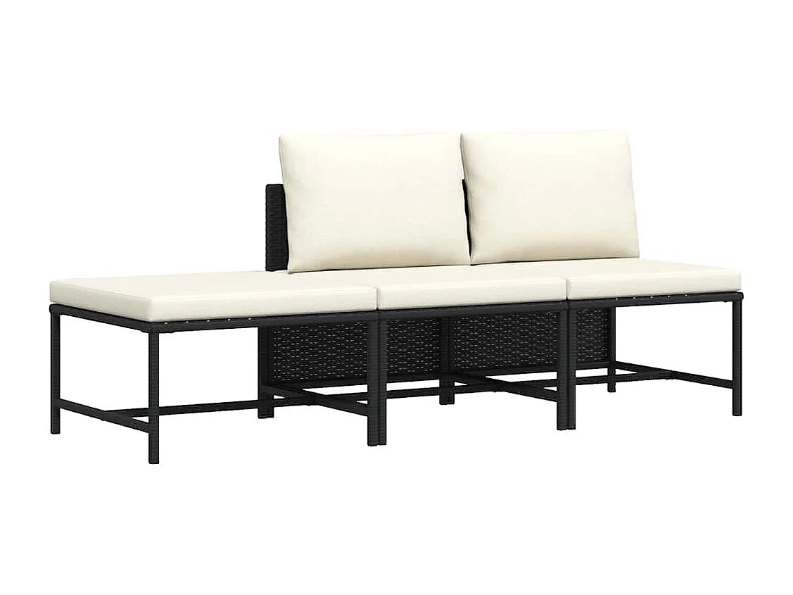 3-delige Loungeset met kussens poly rattan zwart