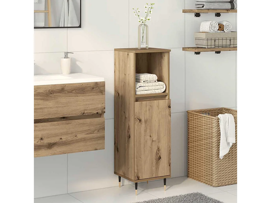 Badkamerkast 30x30x100 cm bewerkt hout artisanaal eikenkleurig