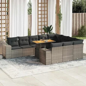 10-delige Loungeset met kussens poly rattan acacia grijs