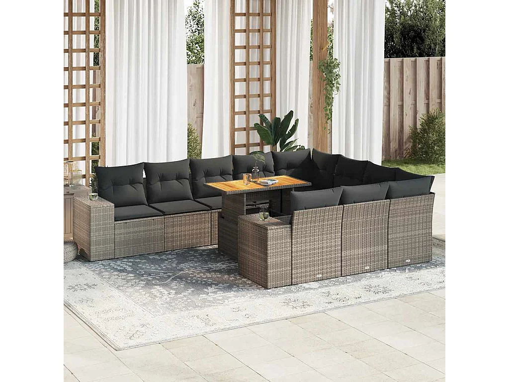 10-delige Loungeset met kussens poly rattan acacia grijs