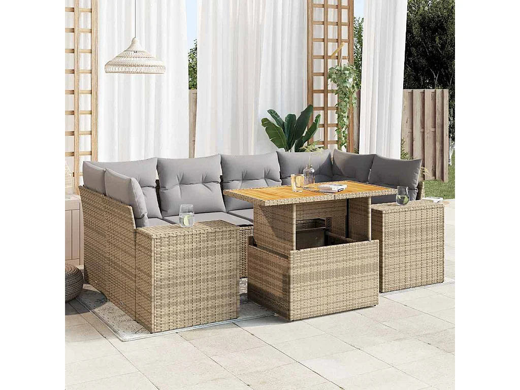 7-delige Loungeset met kussens poly rattan beige