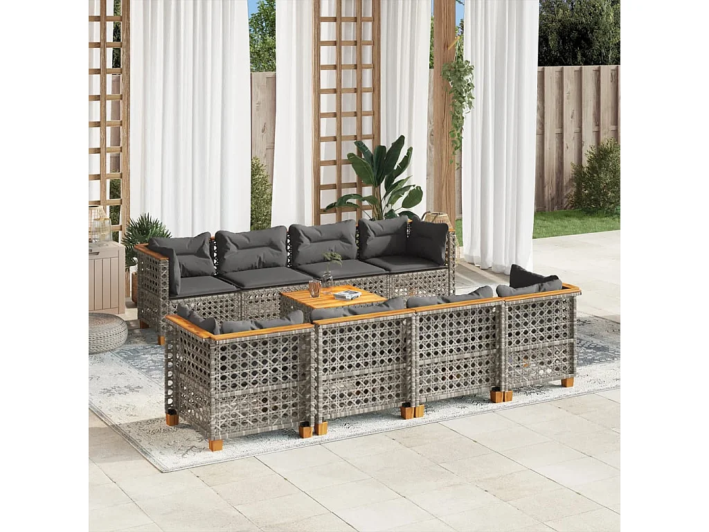 9-delige Loungeset met kussens poly rattan grijs