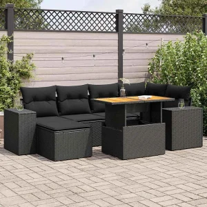 7-delige Loungeset met kussens poly rattan zwart 7-delige Loungeset met kussens poly rattan zwart