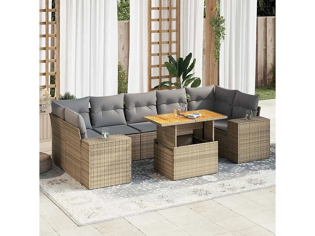 8-delige Loungeset met kussens poly rattan beige
